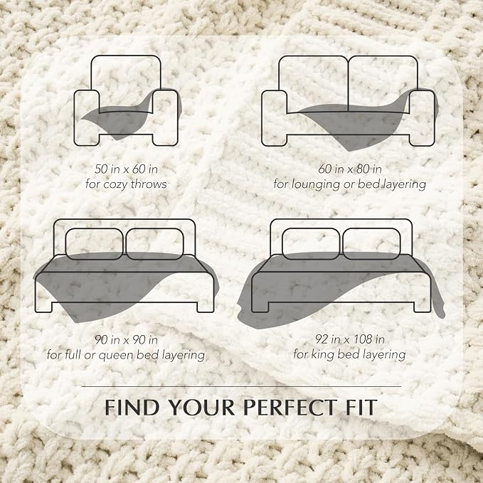 EVERGRACEHOME Chunky Chenille Knit Throw Blanket for Couch, Soft Luxurious Oversized Queen Moss Stitch Blanket for Bed, Cozy Farmhouse Knitted Throw for Sofa, Ivory White, 90" x 90"