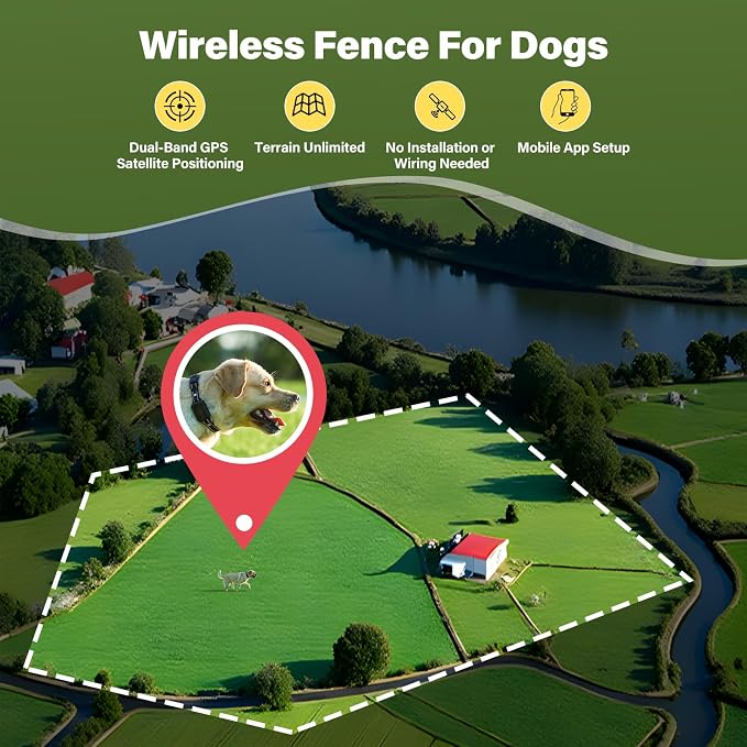 GPS Wireless Dog Collar Fence System - No Monthly Fee App Control, Custom Polygon Boundary & Remote Training, Free Phone Tracker for Up to 5 Pets, Virtual Electric Fence for Dogs, Black