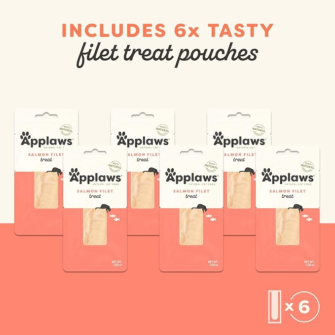 Applaws Natural Cat Treats, Grain-Free, Single Ingredient, Whole Protein Fillet, Healthy Snacks with No Artificial Additives (6 x 1.06oz Whole Salmon Loin)