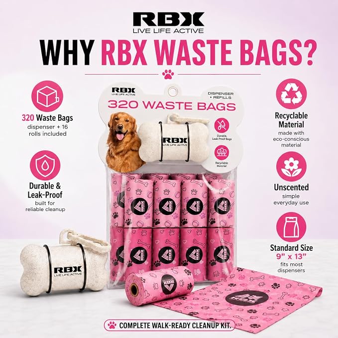 RBX Dog Poop Bags with Leash Holder, 320 Bags, 16 Refill Rolls | Clip-On Dispenser, Durable Leak-Proof, Recyclable Material