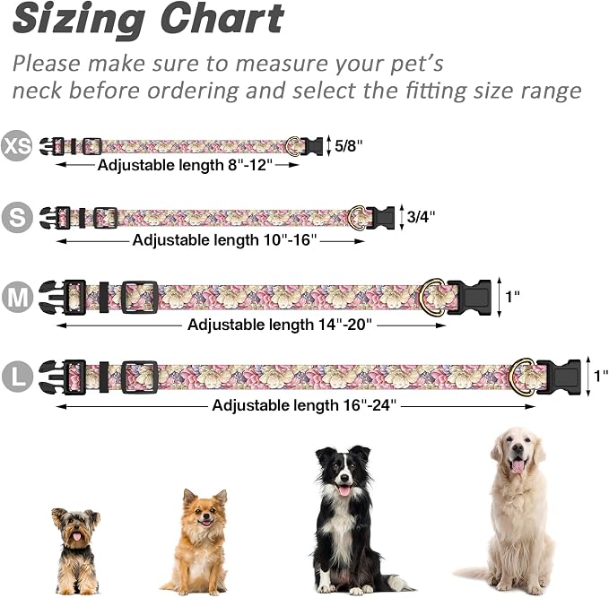 Reflective Dog Collar for Medium Dogs, Cute Flower Theme Adjustable Heavy-Duty Nylon Puppy Collar for Boy and Girl Female, Soft Pet Accessories with Quick Release Buckle, Colorful Floral