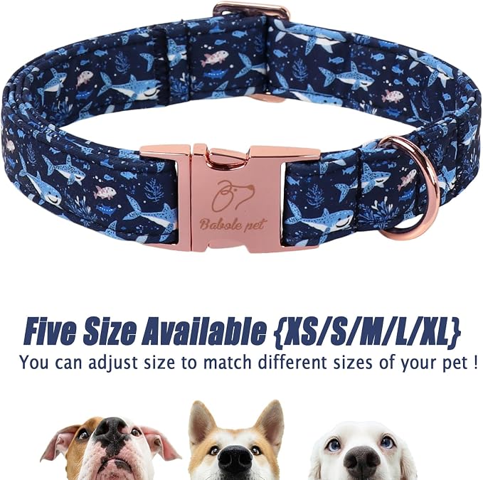 Summer Dog Collar, Cute Cartoon Sharks Dog Collars - Soft Adjustable Everyday Collars for Small Medium Large Dogs, Durable Metal Buckle Male Dogs Collar L