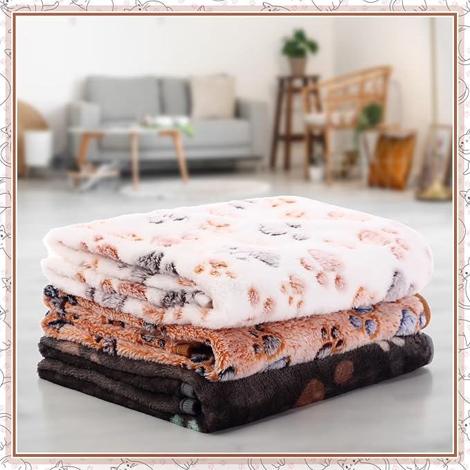 Tegeme 12 Pcs Pet Blankets 30 x 20 Inch Soft Fluffy Fleece Dog Cat Warm Paw Print Pattern Blankets Flannel Throw for Pets Dog Puppy Cat(Dark Gray, White, Camel)
