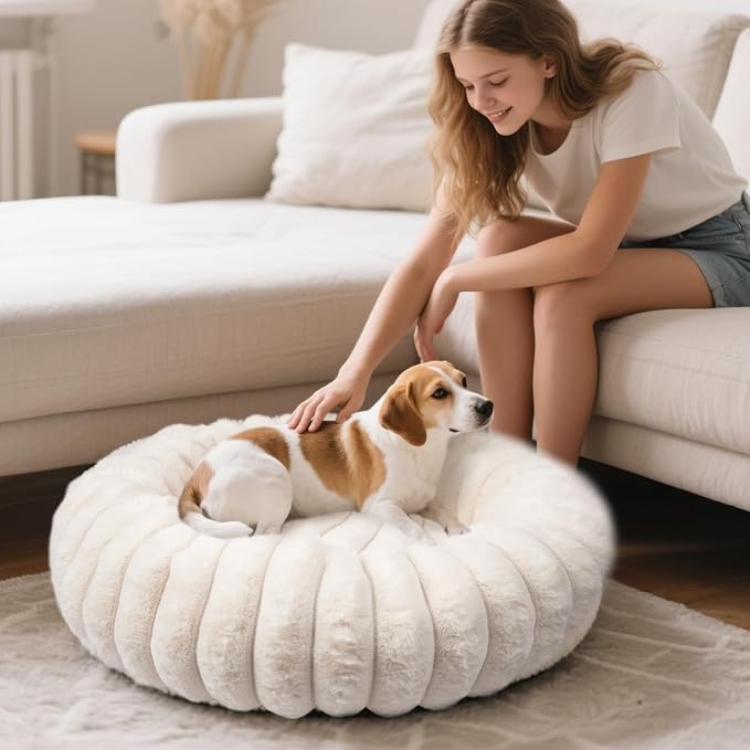Donut Dog and Cat Bed, Luxurious Comfortable Faux Rabbit Fur Pet Beds, Round Anti-Anxiety Calming Puppy Kitten Bed with Anti-Slip Bottom for Small Medium Dogs & Cats(36", White)