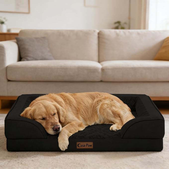 Orthopedic Dog Beds for Extra Large Sized Dogs 42x30 Inch, XL Waterproof Egg Crate Foam Dog Sofa Bed with Removable Washable Cover Big Pet Couch with Bolster & Non-Slip Bottom, Black