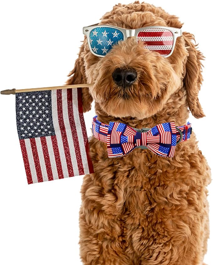 Elegant little tail Independence Dog Collar, Holiday Pet Collars with Bow Durable Patriotic Pet Collars Adjustable Dog Collar for X-Small Dogs