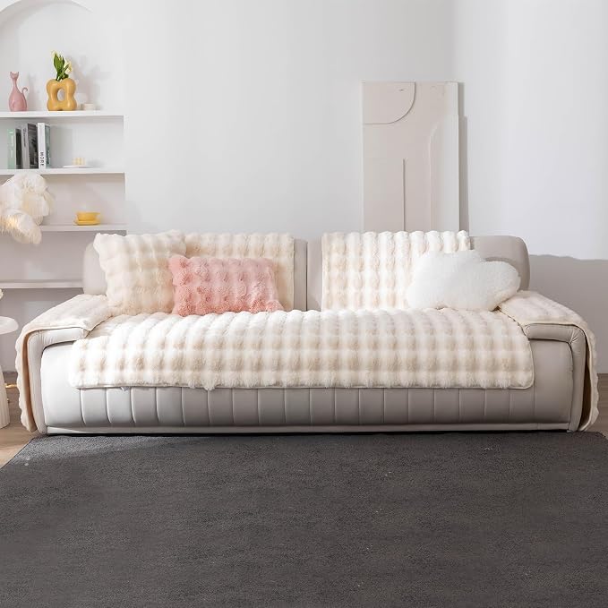 Faux Fur Couch Cover, Soft Warm Plush Sofa Couch Cover, Non Slip Sectional Sofa Slipcovers for L Shaped, Washable Furniture Protector for Kids, Dogs(White, 36"x 71")