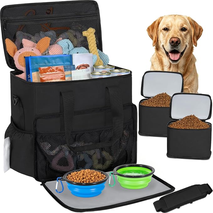 Dog Travel Bag,Large Pet Travel Bag for Supplies with 2 Food Container and Collapsible Bowls,Dog Travel Supplies Organizer Kit for Weekend,Road Trips,Camping