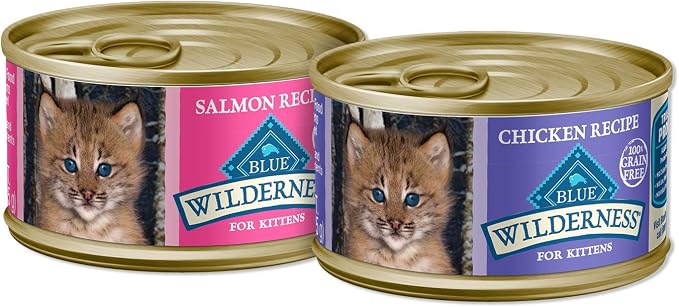 Blue Buffalo Wilderness High Protein Grain Free, Natural Kitten Pate Wet Cat Food Variety Pack, Chicken, Salmon, 3-oz Can, 24 Count