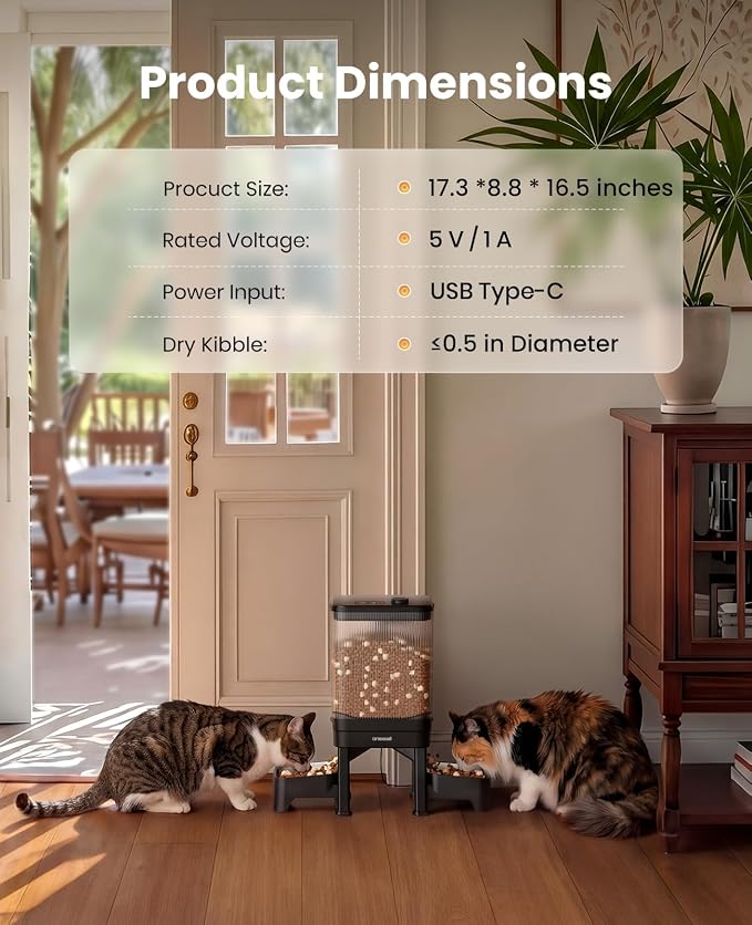 oneisall Automatic Cat Feeder for 2 Cats, 7L/32-Cup Auto Cat Feeder with Timed Portion Control, 1-6 Meals Programmable Cat Food Dispenser, Dual Elevated Stainless Steel Bowls for Multi-Cats Dry Food