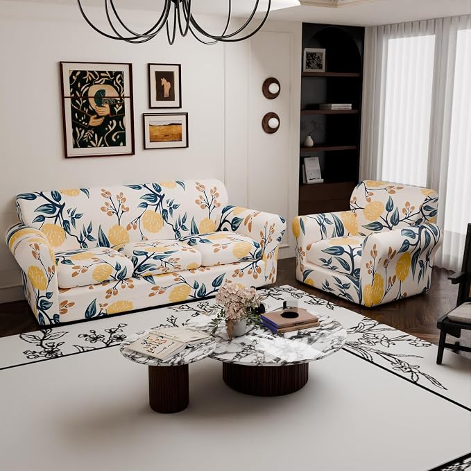 Stretch Couch Covers, Floral Printed Sofa Covers,2 Piece Armchair Slipcover with Separate Sect Cover,Washable Sofa Slipcover, Pet Friendly Furniture Protector Fit for Home (Armchair,Leaves)
