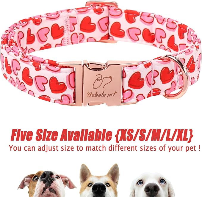 Valentines Dog Collar, Pink Heart Print Girl Dog Collars, Cute Valentine Puppy Collars, Adjustable Heavy Duty Pet Collar for Small Medium Large Dogs with Metal Buckle S