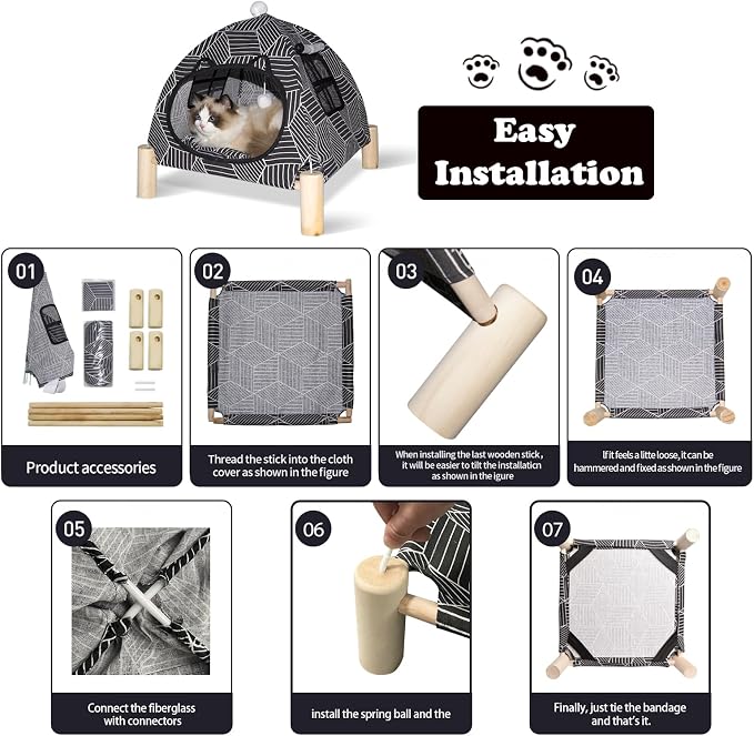 2-in-1 Elevated Cat Tent Cat House, Quick Assembly and Disassembly, Portable Indoor/Outdoor Cute Cat Bed Cave-Black Diamond Pattern