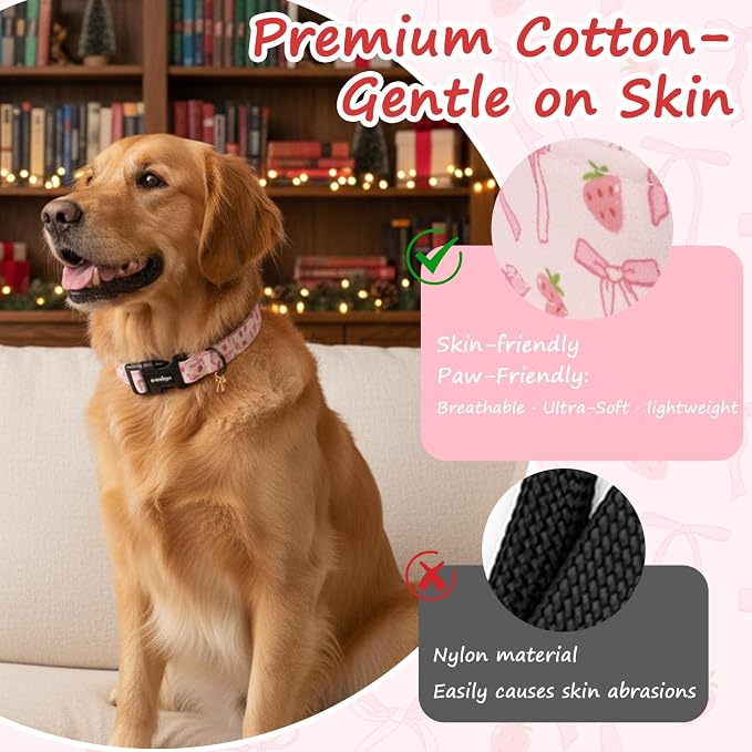 Small Dog Collar, Girl Boy Dog Collars with Pink Bow & Strawberry Pattern, Adjustable Cotton Pink Dog Collar for Small Dogs, Cute Holiday Collars for Dogs, Ideal for Pet Accessory