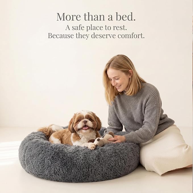 Calming Donut Dogs Beds for Small Dogs Washable,23inch Plush Round Pet Bed for Cozy Sleep,Fluffy Faux Fur Large Cat Bed,Fits up to 25 lbs Pets,Dark Grey