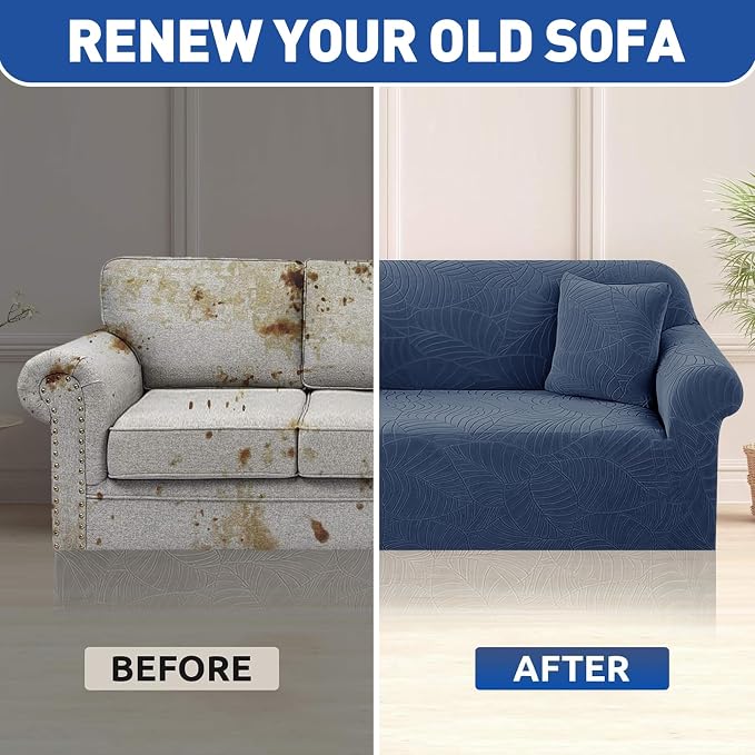 YEMYHOM Couch Cover Latest Jacquard Design High Stretch Sofa Chair Covers for Living Room, Pet Dog Cat Proof Armchair Slipcover Non Slip Magic Elastic Furniture Protector (Small, Begonia Leaf Navy)