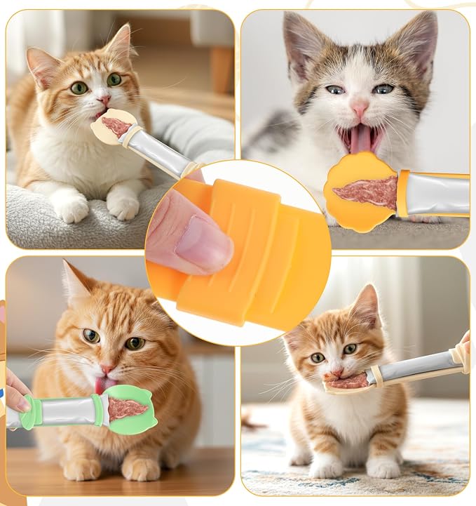 3Pcs Cat Treat Spoon, Multifunctional Squeeze Cat Treat Feeder Set Lickable Pet Food Spoons Dispensers for Wet Food & Licky Treats, Mess-Free Feeding Supplies for Cats, Beige Green Orange