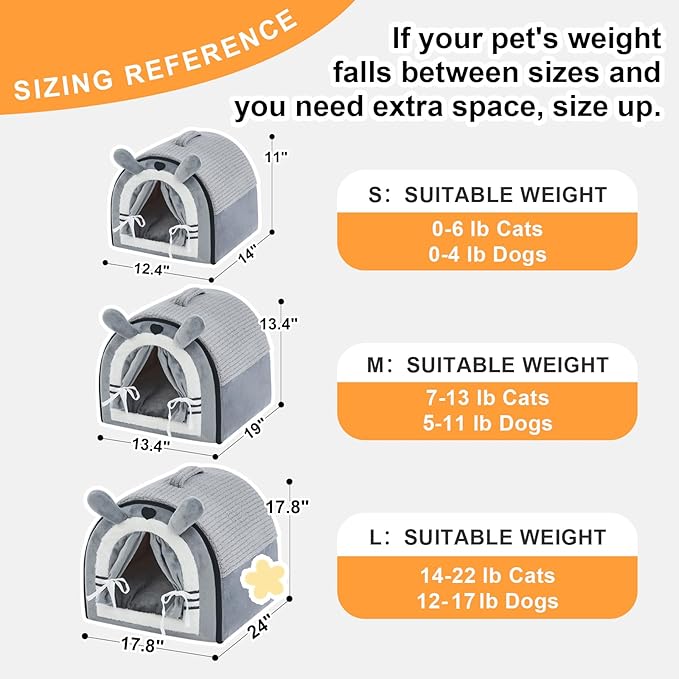 Jiupety Cute Small Dog Cave Bed with Door Curtain Design, Dog House with Reversible Washable Cushion, L Size Portable Puppy House for 14-22lb Cats and 12-17 lb Dogs, Non-Slip Bottom, Grey