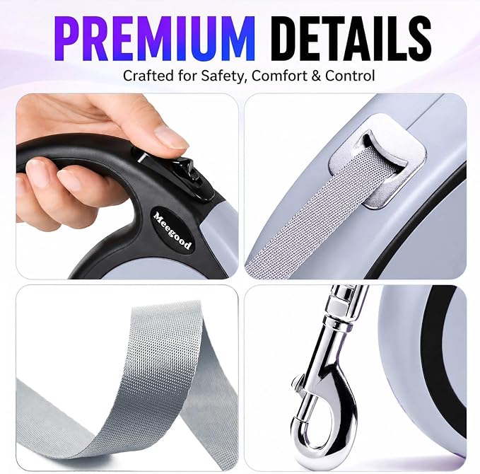 Double Retractable Dog Leash for Two Dogs Up to 50 lbs - 16 ft Coupler Leashes for Small Medium Dogs - One Locked System, Non Slip Grip, Tangle Free (Grey)
