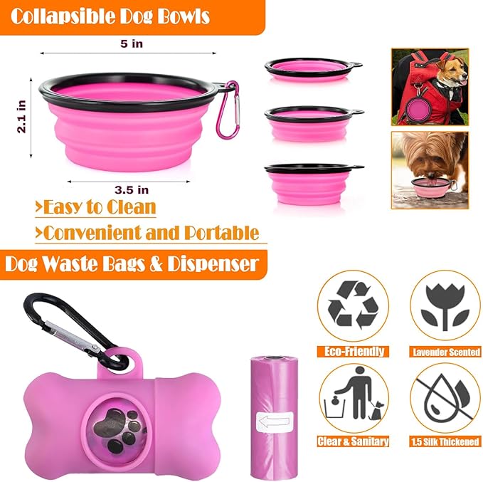 LOBEVE No Pull Dog Harness, Collar & Leash Set | Includes Dog Seat Belt, Collapsible Bowls & Poop Bag Dispenser. Ideal for Training, Walking, Hiking. Fits Small to Large Dogs(Pink-M)