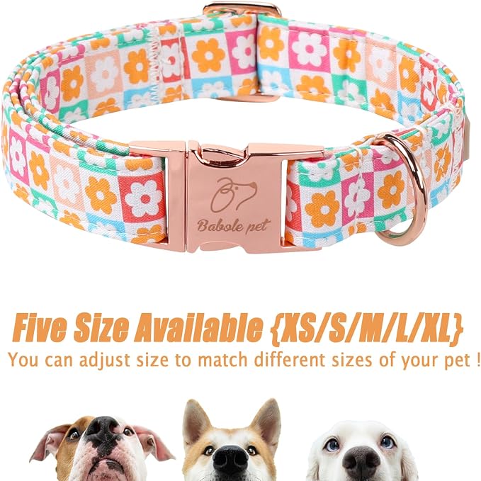 Spring Dog Collar, Pastel Checkered Flowers Pet Collar with Metal Buckle, Durable Adjustable Designer Dog Collars for Small Medium Large Dogs M