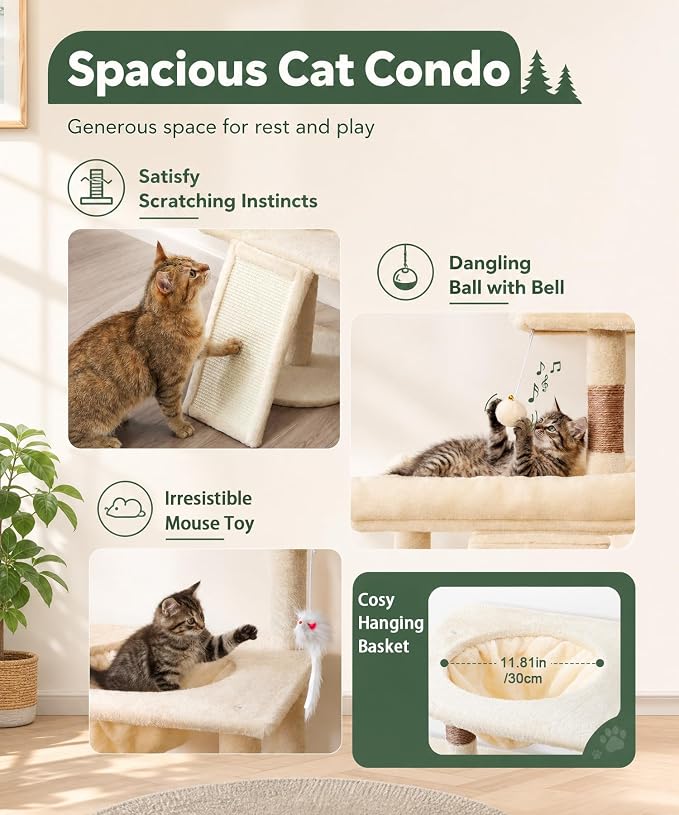 68 Inches Heavy Duty Cat Tree for Indoor Cat, Big Cat Tower with Sisal Scratching Posts and Top Perch, Large Platform for Adult Cats, PMT02BW, Beige