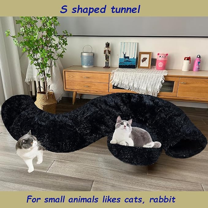 Cat Bed Tunnel Tube Toy Black Plush Round, Collapsible Pet Tunnels for Indoor Cats, Interactive Toys Play Tubes with Hanging Ball for Kitty, Puppy, Rabbit for Fun Playtime & Exercise