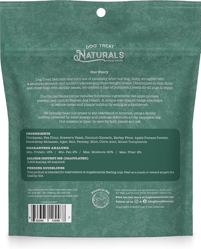 Dog Treat Naturals Chickpea & Mint Dental Sticks 10oz, 20ct | Dog Dental Chew Treats for Small, Medium, Large Dogs | Freshen Breath, Fight Plaque-Tartar | Natural Teeth Cleaning Treats | USA Made