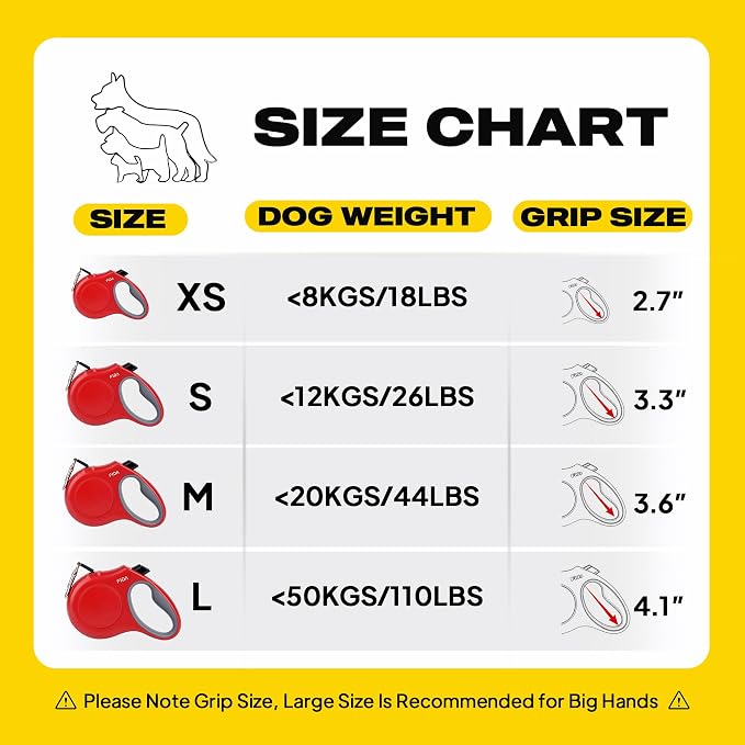 Fida Retractable Dog Leash, 16ft Heavy Duty Pet Walking Leash for X-Small/Small/Medium/Large Dog or Cat up to 110 lbs, Tangle-Free. One-Hand Brake (Large, Red)