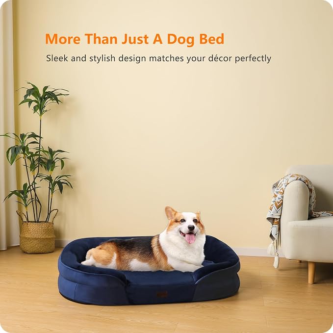Dwanton Orthopedic Dog Bed for Medium Dogs with Gel Memory Foam, Waterproof Dog Sofa, Washable Pet Bed with Four Sided Bolster Cushion, Removable Cover & Non-Slip Bottom, 36", Navy Blue