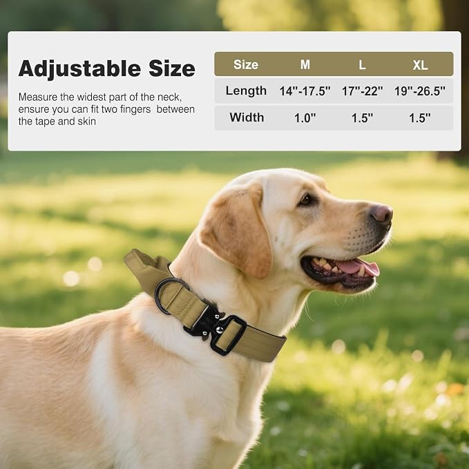 Joytale Tactical Dog Collar for Large Dogs with Control Handle, Heavy Duty Military Training Collar for Power Breeds, AirTag Holder Case, Quick Release Metal Buckle, Soft Padded, L, Khaki