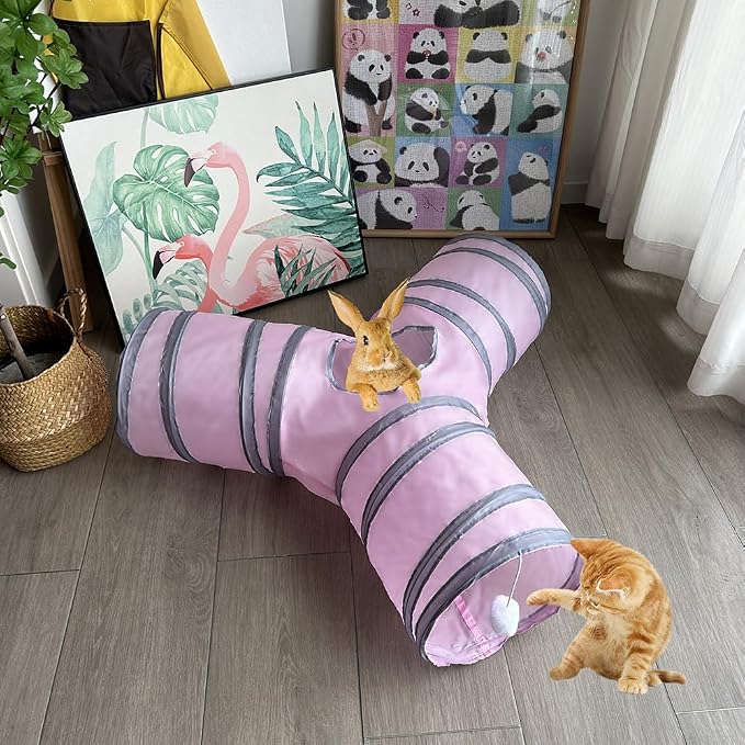 3-Way Collapsible Cat Tunnel Tube Toy Pink — Interactive Play Tunnel with Hanging Ball & Peek Hole for Indoor Cats, Kittens, Puppies & Rabbits | Hours of Fun & Exercise
