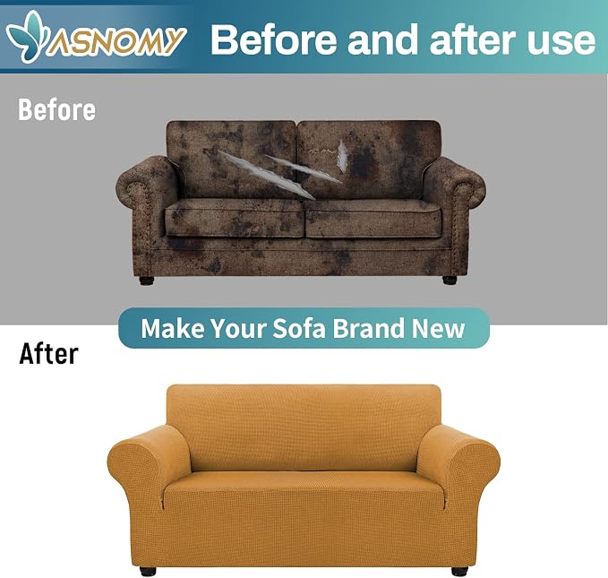 Asnomy Sofa Covers for 2 Cushion Couch Stretch loveseat Covers Slipcovers, Pet Protector Furniture Covers for Dogs Cats Spandex Jacquard Fabric Small Checks (Medium, Golden)