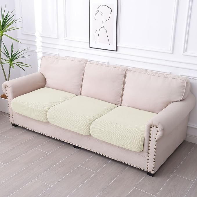 hyha Waterproof Couch Cushion Covers for Pets, Non Slip Sofa Cover for Dogs Washable, Soft Thick Stretch Jacquard Fabric, Sofa Slipcovers with Elastic Bottom (3 Pieces, Cream White)