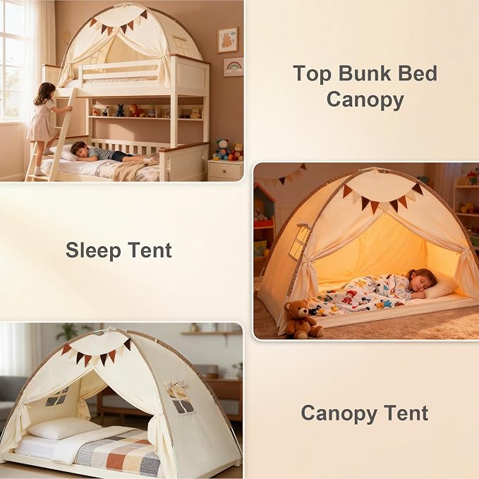 Full Bed Tent Canopy, Indoor Blackout Privacy Toddler Bed Tent for Kids with Light, Portable Sleeping Floor Kids Playhouse (Cream, Full Size)