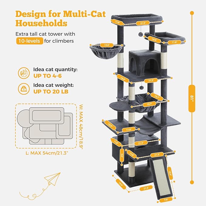 MUTTROS 81" Heavy Duty Cat Tree for Large Cats up to 20lbs - Extra Tall Cat Tower with Metal Frame Hammock, 6 Sisal Scratching Posts, 2 Perches - Indoor Cat Furniture for Maine Coon, Dark Gray