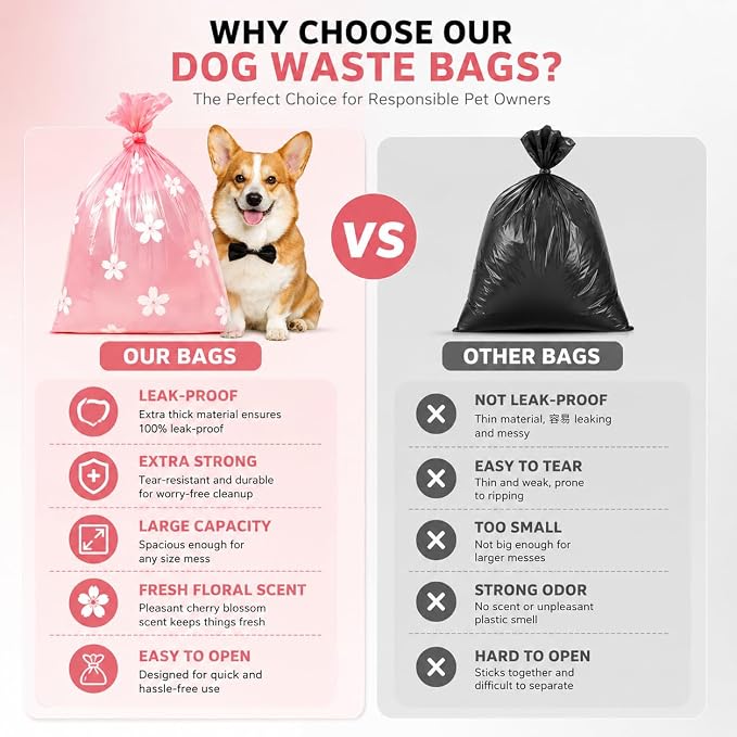 Cherry Blossom Scented Dog Poop Bags - 360 counts Pink Pet Waste Bags with Dispensers, Extra Large 13x9 Inch Leak-Proof Fragrance Bags for Dogs Walking and Cat Litter