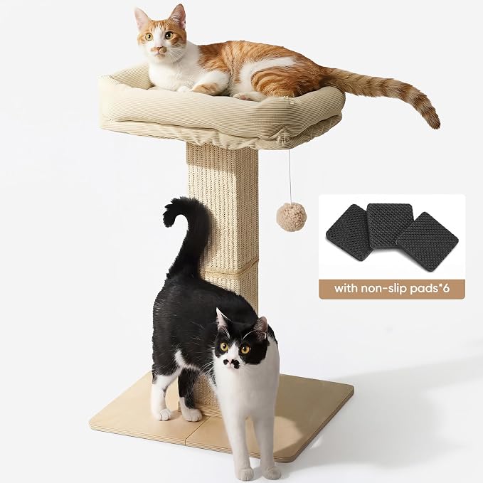 FUKUMARU Cat Scratching Post, Modern Style Tall Scratch Posts with Perch for Indoor Cats Adults, Large Cat Scratcher Tower with Bed, Small Tree with Raised Stand, Natural Sisal & Solid Wood
