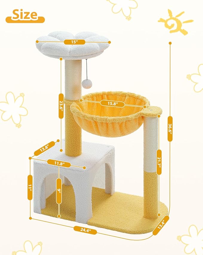 MUTTROS Cute Cat Tree with Flower Top Bed - Cloud Scratching Posts, 35" Small Cat Tower with Large Metal Frame Hammock for Indoor Cats, White Cat Condo for Kittens, Yellow