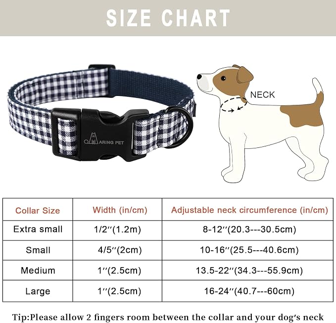 ARING PET Dog Collar, Cute Adjustable Comfortable Cotton Navy White Plaid Pet Collars for Small Medium Large Male Female Boy Girl Dogs-Medium