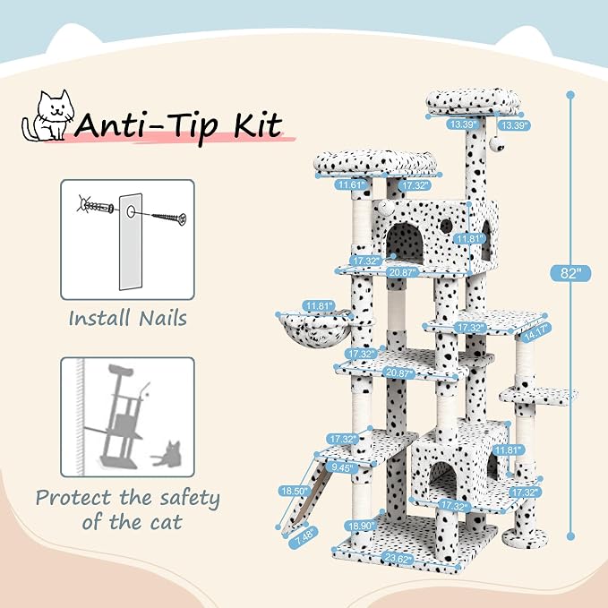 SHA CERLIN 82 inch, Multi-Level Cat Tree Tower for Indoor Cats, Cat Condo with Sisal Scratching Posts, Plush Perches, Hammocks, Toy Balls, White & Black Spot