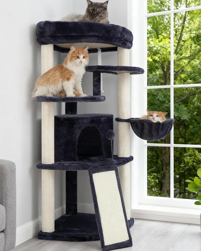 Gitelsnour Corner Cat Tree for Indoor Cats, Cat Tower with All Sisal Scratching Posts, Multi-Level Cat Condo wth Cat Cave, Large Top Perch, Hanging Basket, Sisal Scratching Ramp, Drak Gray GCT025G
