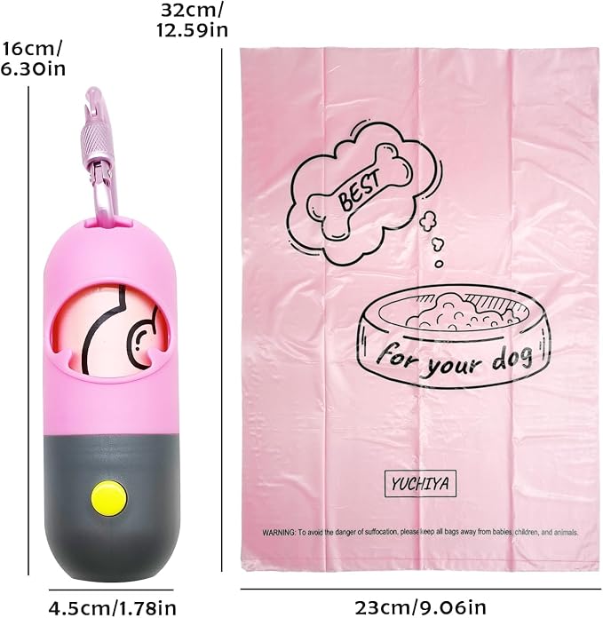 Dog Waste Bags Holder with LED Flashlight Doggie Poop Bags Dispenser with 13 Rolls Leak-Proof Pet Trash Bags Rechargable USB Cable(Pink)