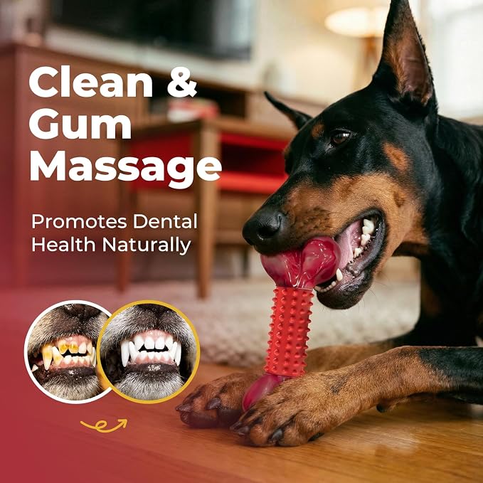 3-Pack Tough Dog Toys for Aggressive Chewers: Beef Flavored Long Lasting Dog Bones for Large Dogs, Heavy Duty Nylon & Rubber Dog Chew Toys to Keep Them Busy, Medium & Large Breed, Red