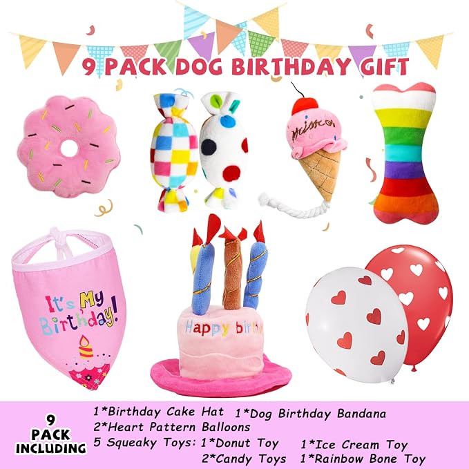 lilfrd Dog Birthday Toys Girl, Squeaky Plush Birthday Cake Hat Bandana, Birthday Gifts for Small & Medium Dog, 9 Pack Pink