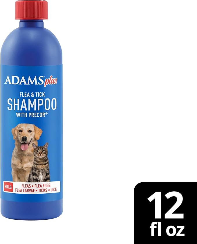 ADAMS Plus Flea & Tick Shampoo with Precor for Dogs, Cats, Puppies & Kittens, Flea Shampoo to Treat Infestations, Kills Ticks, Fleas, Flea Eggs & Lice, Cleans and Conditions Coat, 12 Ounces