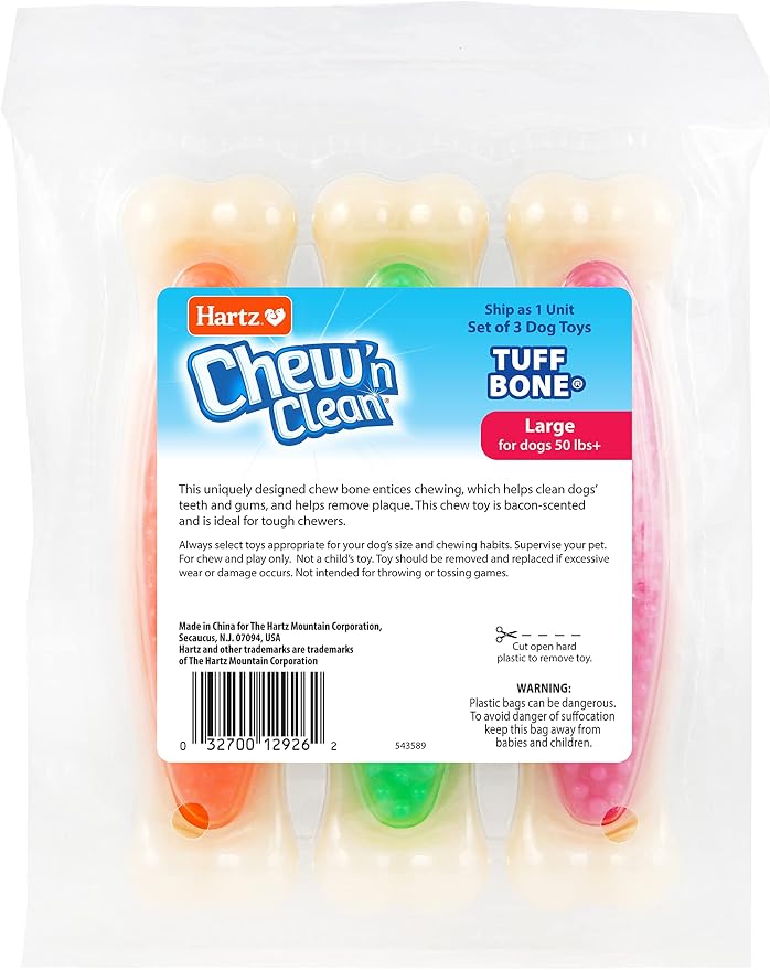 Hartz Chew 'n Clean Tuff Bone Tough Dog Chew Toy, Large 3 Pack