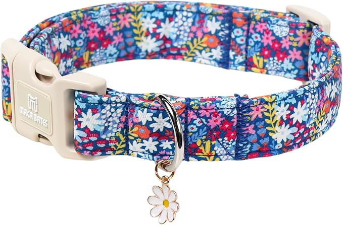 Maca Bates Blue Flower Basic Dog Collar with Flroal Charm for Small Girl Dogs, Dasiy Pattern,Feminine Style,Adjustable Durable Soft Collars Birthday Gift for Female Puppy
