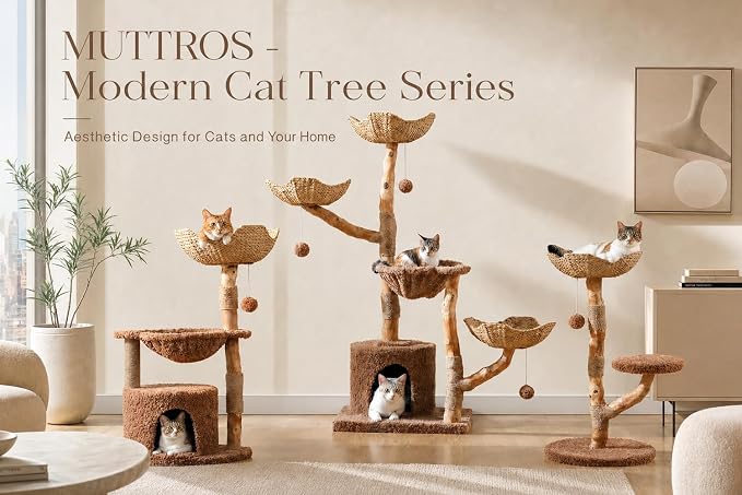 MUTTROS Modern Cat Tree Tower with Real Wood Branches and Wicker Basket Bed, Solid Wood Cat Climbing Furniture with Scratching Posts and 3 Hanging Balls for Indoor Cats, Brown