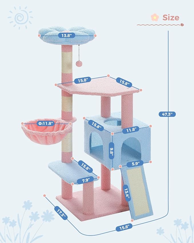 MUTTROS Flower Cat Tree 47.2" Multi-Level Cat Tower with Sisal Covered Scratching Posts, Cute Cat Condo for Indoor Small Medium Cats, Pink Top Perch, Ramp, Fluffy Ball, Blue